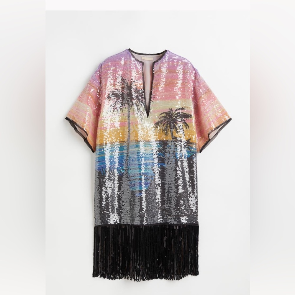 NWT H and M Studio Palm Tree Sequined Dress with Fringe,Size M/L,Black & Purple